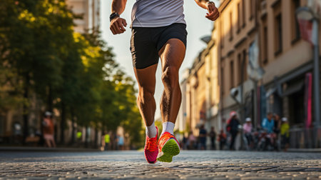 Close-up legs male runner athlete run marathon race, Generative AIの素材