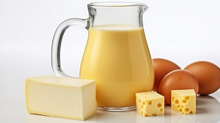 Big piece of cheese, glass jug with milk. white background. Generative AIの素材