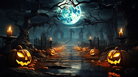 Mysterious Halloween Night with Pumpkins and Moonlight. Generative AIの素材