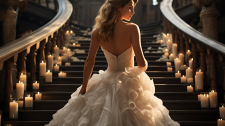 Bride in white dress on a staircase with beautiful Candlelight. Generative AIの素材