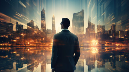 Ambitious businessman portrait plan financial or real estate strategy with double exposure urban cityscape skyscraper background as concept for commercial district concept. Generative AIの素材