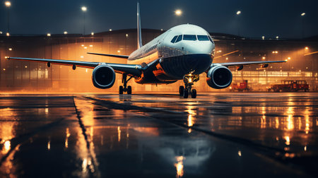 Night Skies and Runway Lights, Airplane Gearing Up for Nighttime Journey. Generative AIの素材