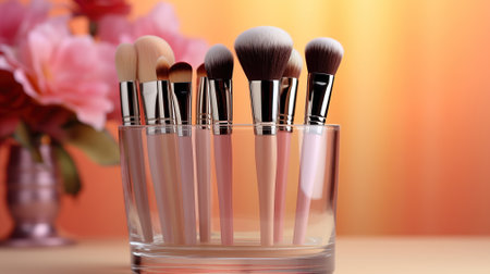 Makeup Brushes in Glass on Pastel Background Shine. Generative AIの素材