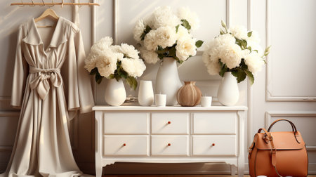 Women Accessories and Attire Shine in a Minimalist White Setting. Generative AIの素材