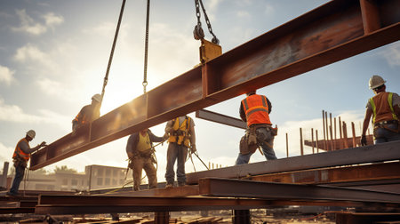Construction Crew Directing Crane Lift of Massive Steel Beam. Generative AIの素材