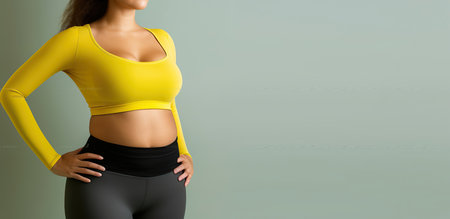 Young Woman's Chubby Waist Shines in Workout Gear. Generative AIの素材