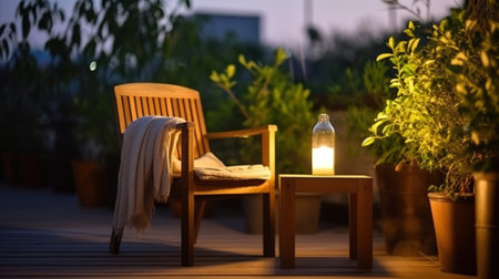 Candle on chair in the evening on terrace in summer. Generative AIの素材