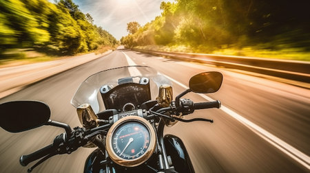 Biker driving a motorcycle rides along the asphalt road. First-person view. Generative AIの素材