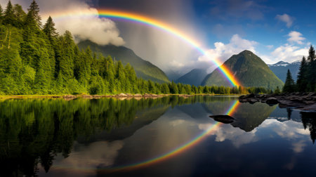 The Magic of Rainbows Over Rugged Mountains and Tranquil Lakes. Generative AIの素材
