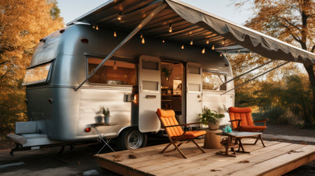 Retro Roadhouse. The Classic American Camper Meets Rustic Porch Elegance. Generative AIの素材