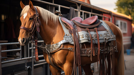 Horse Saddle Sitting on a Horse Ready for Riding. Generative AIの素材