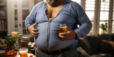 Casual Contours - Man with big beer belly at home. Generative AIの素材