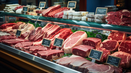 A Butchery Counter Bursting with Choice. Generative AIの素材
