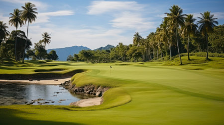 The Serene Landscape of a Golf Course Meeting the Blue Sky. Generative AIの素材
