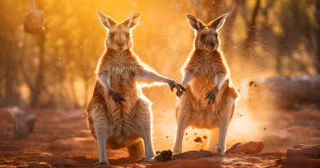 Australian outback kangaroos, showcasing their dynamic movements in the desert landscape. Generative AIの素材