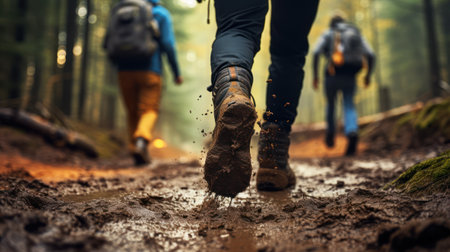Boots through Puddles and Mud. Trekking on a Rainy Day in the Forest. Generative AIの素材