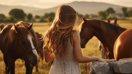 A young woman standing by a field with horses in front. Generative AIの素材