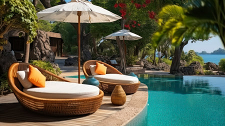 Tropical Tranquility - Beautiful beach with swimming pool, coconuts palm trees, rattan daybeds and umbrella in a tropical garden near sea. Generative AIの素材