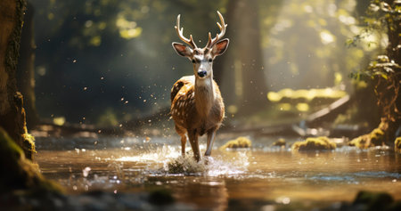 Nature's Nobility. The Poise and Grace of Deer Amongst the Trees. Generative AIの素材