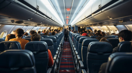 In-Flight Familiarities - The Shared Space of Travelers Inside of an airplane. Generative AIの素材