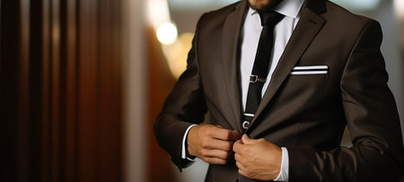 Man fastens the buttons - Elegance in Every Detail. The Groom's Final Touches Before the Aisle. Generative AIの素材