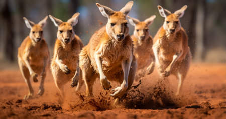 Australian outback kangaroos, showcasing their dynamic movements in the desert landscape. Generative AIの素材