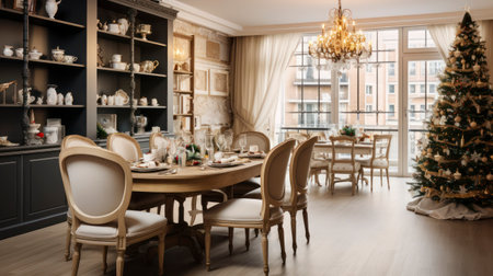 Holiday Harmony - A Dining Room Radiating Christmas Warmth. Generative AIの素材