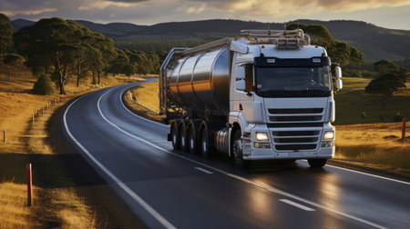 Pastoral Passage. Milk tanker truck on a country road. Generative AIの素材