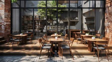 Coffee Shop With Tables And Chairs On Sidewalk. Generative AIの素材