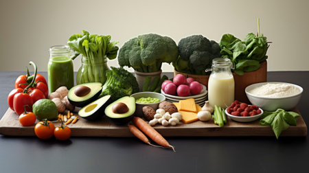 Sustainable diet choices, featuring organic vegetables and plant-based proteins. Generative AIの素材