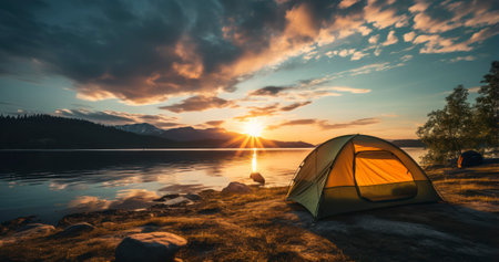 A tent pitched by the lake offers breathtaking views of the sunrise or sunset. Generative AIの素材
