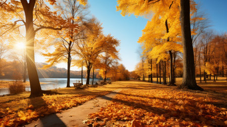 Golden Moments - Sunbeams, Falling Leaves, and Azure Skies. Generative AIの素材