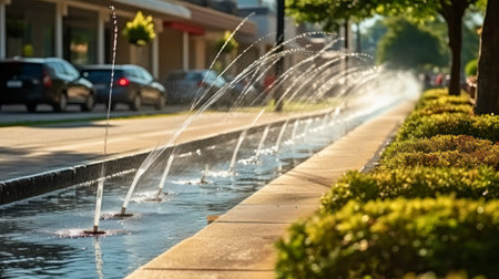 Sprinklers at Play on a Tree-Lined Residential Road with car parked in background. Generative AIの素材