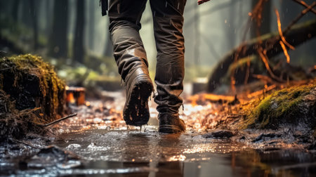 Rain-soaked Routes. The Forest's Puddle-Strewn Paths Beneath Adventurous Boots. Generative AIの素材