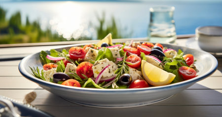 Fresh Mediterranean flavors, featuring refreshing salads and seafood delights. Generative AIの素材
