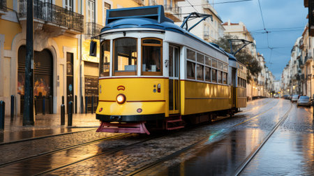 Yellow Tram In Afternoon after rainy day. Generative AIの素材