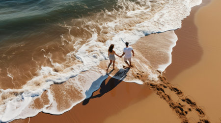 Seaside Silhouettes. A Couple's Journey Captured from Above. Generative AIの素材