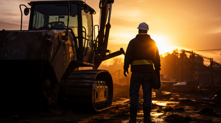 Silhouette of a contractor builder is sitting near bulldozer. Construction machinery concept. Generative AIの素材