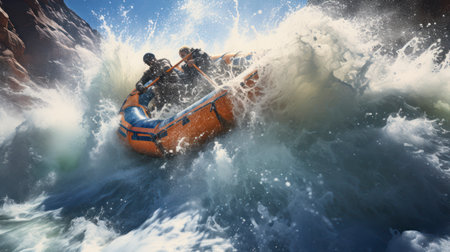 The Exhilarating Team Journey Through White Water Rapids. Generative AIの素材