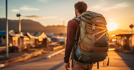 A Traveler's Silhouette Against the Sunrise Horizon. Generative AIの素材