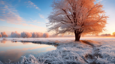 A frost-kissed landscape, where autumn colors blend with a serene, icy sparkle. Generative AIの素材