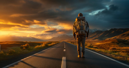 A Backpacker's Silhouette Embracing the Sunrise. Generative AIの素材
