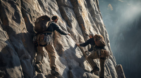 Climbers ascend, as conquer rock faces and their own limits. Generative AIの素材