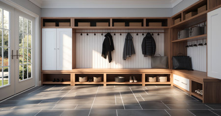 A Mudroom That Marries Style with Practicality. Generative AIの素材