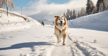 Winter Wanderer - Dog walking on snow at sunny day. Generative AIの素材