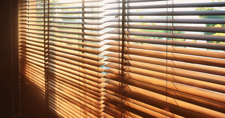 Sunset Silhouettes - Capturing the Warm Glow of Evening Light Filtering Through Wooden Window Blindsの素材