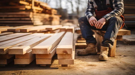 The Quiet Repose of a Carpenter's Legs Seated on a Plank in a Warehouse of Woodの素材