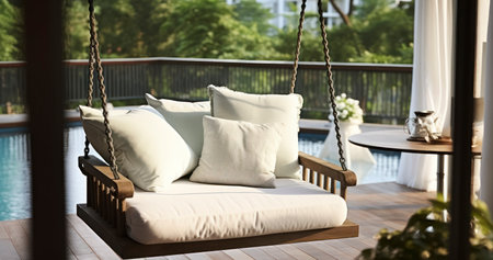 A Cozy Porch Swing Nestled on the Terrace Corner, Ideal for Unwinding with a Book or a Cup of Teaの素材