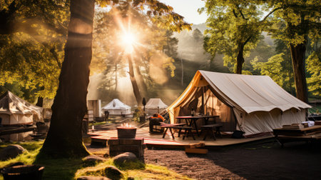 The Unique Tapestry of Tents Set Up in a Quiet Campsite Settingの素材