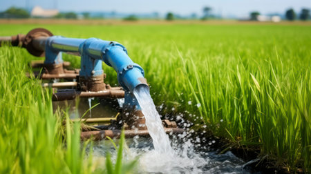 The Vital Stream of Water Emanating from a Large Tube into a Rice Fieldの素材